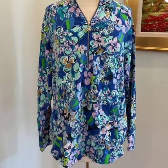EUC Lilly Pulitzer Skipper Popover Blue Grotto Twilight Tropics UPF 50+ Size XL - Picture 3 of 6